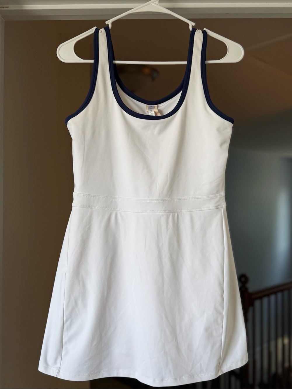 Fabletics Sporty Tennis Dress Medium White Navy Trim Built-In Shorts